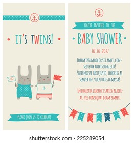 Baby shower invitation, template. Illustration of twins bunnies with flags, marine decorations.