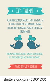 Baby shower invitation, template. Illustration of two cute whales. Nautical design. 