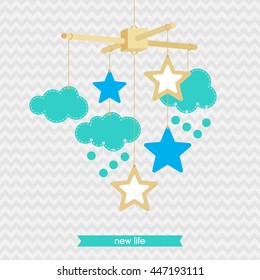 Baby shower invitation, template. Illustration of baby mobile: stars and clouds. Isolated baby mobile for scrap booking, cards, baby shower.