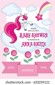 Baby shower invitation template with the image of cute unicorn. Colorful vector background