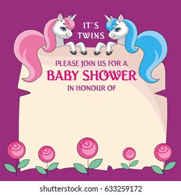 Baby shower invitation template with the image of cute unicorns. Colorful vector background