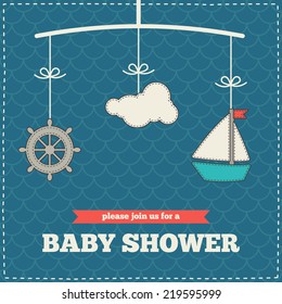 Baby shower invitation, template, marine design. Red, blue and cream colors. Photo frame and decorative elements (cloud, sailboat, wheel) on a scale background