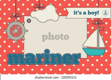 Baby shower invitation, template, marine design. Red, blue and cream colors. Photo frame and decorative elements (clouds, sailboat, wheel) on a polka dot background