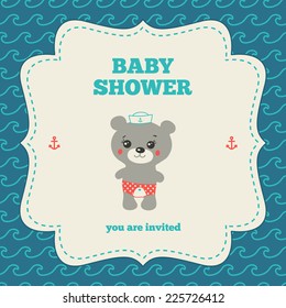 Baby shower invitation, template. Nautical design. Red, blue and cream colors. Illustration of little mariner teddy bear. Vintage frame on wavy background