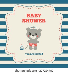 Baby shower invitation, template. Nautical design. Red, blue and cream colors. Illustration of little mariner teddy bear. Vintage frame on striped background