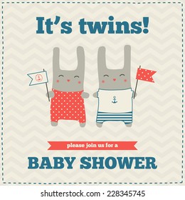 Baby shower invitation, template. Nautical design.  Illustration of twins bunnies with flags.