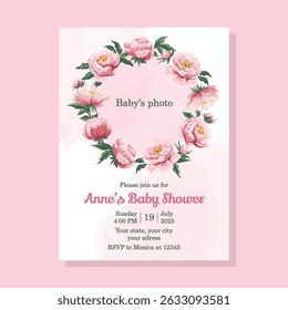 Baby shower invitation template with baby photo frame and pink floral decorations for a newborn girl celebration