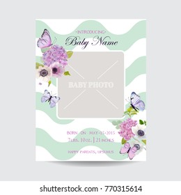 Baby Shower Invitation Template with Photo Frame, Flowers and Butterflies. Floral Wedding Card Design. Vector illustration