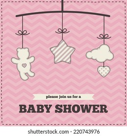 Baby shower invitation, template. Pink, puce and cream colors. Illustration of baby mobile: teddy bear, star, cloud and heart. Chevron background. For scrapbook, cards, save the date cards etc.