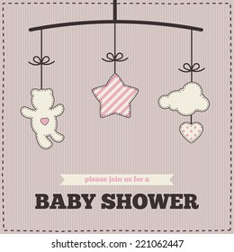 Baby Shower Invitation, Template. Pink, Puce And Cream Colors. Illustration Of Baby Mobile: Teddy Bear, Star, Cloud And Heart. Also For Scrapbooking, Cards, Save The Date Cards Etc.