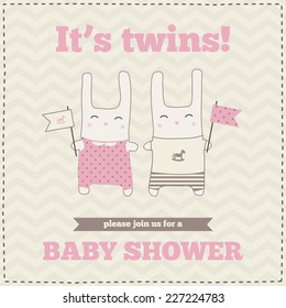 Baby shower invitation, template. Pink, brown, cream colors. Illustration of twins bunnies with flags.