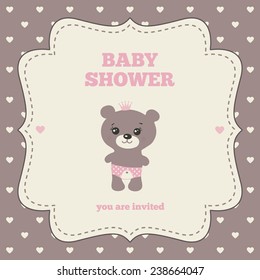 Baby shower invitation, template. Pink, brown and cream colors. Illustration of little teddy bear princess. Vintage frame on heart-shaped background.