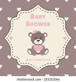 Baby shower invitation, template. Pink, brown and cream colors. Illustration of little teddy bear princess. Vintage frame on heart-shaped background.