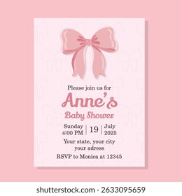 Baby shower invitation template with pink background and cute bows decorations for celebrating newborn girl arrival