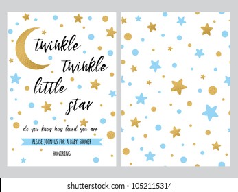 Baby Shower Invitation Template With Sparkle Gold Blue Stars, Background. Gentle Twinkle Banner For Children Birthday Party, Congratulation, Invitation. Vector Illustration Logo, Sign Label Set