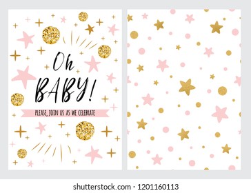 Baby Shower Invitation Template with sparkle gold balls, pink stars, background. Oh baby banner for children birthday party, congratulation, invitation. Vector illustration logo, sign label set