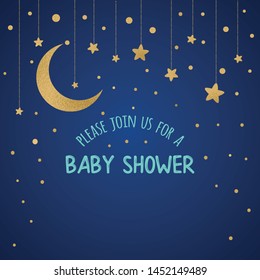 Baby Shower Invitation Template with sparkle golden moon, stars on dark blue vector