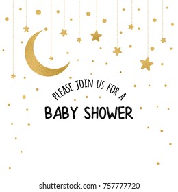 Baby Shower Invitation Template with sparkle golden moon, gold stars on white background. Gentle banner for children birthday party, congratulation, invitation. Vector illustration logo, sign, label