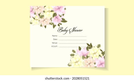 Baby Shower Invitation Template with sweet floral design theme, cute flowers, leaves editable customizable invite Vector Illustration