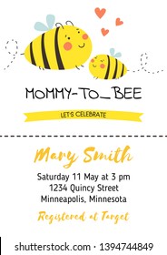 Baby shower invitation template with text Mommy to Bee. Cute cartoon card design for girls boys with bees. Vector illustration.Poster for children birthday, baby shower decor.