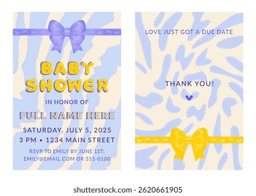 Baby shower invitation template and thank you card. Two-sided baby shower card in y2k style, party bundle with front and back side. Vector set with yellow bubble balloon font and blue liquid blots