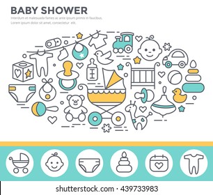 Baby shower invitation template, thin line, flat design