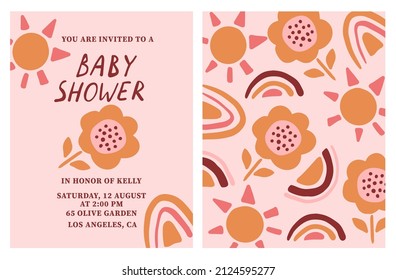 Baby shower invitation template with vector boho style flowers, rainbow, sun illustration. Abstract graphic