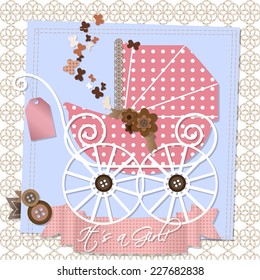 Baby shower invitation template vector illustration, happy birthday card for newborn baby girl with a pink vintage stroller, ribbons and scrap book elements