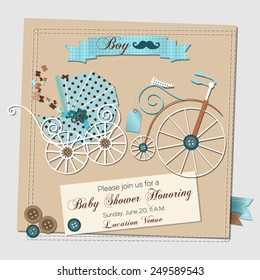 Baby shower invitation template vector illustration with a vintage stroller and a bicycle