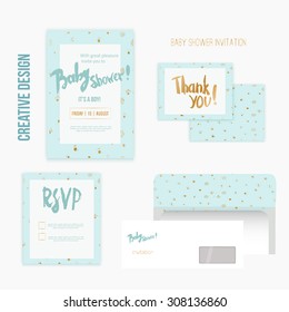baby shower invitation template vector illustration with polka dot pattern for boy.
