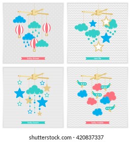 Baby Shower Invitation, Template. Vector Baby Mobile Set: Stars, Clouds, Airplanes And Balloons. Isolated Toy Illustration For Scrap Booking, Cards, Baby Shower. 