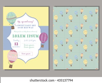 Baby shower invitation template vector set with  vintage hot air balloons. Retro frame. For boys or girls.