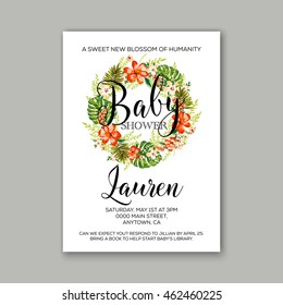 Baby shower invitation template with watercolor flower wreath.