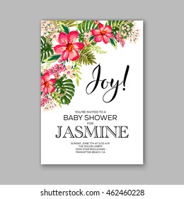 Baby shower invitation template with watercolor flower wreath.