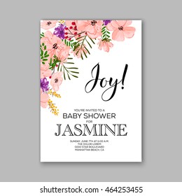 Baby shower invitation template with watercolor flower wreath.