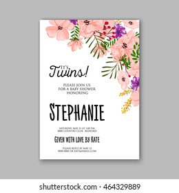 Baby shower invitation template with watercolor flower wreath.