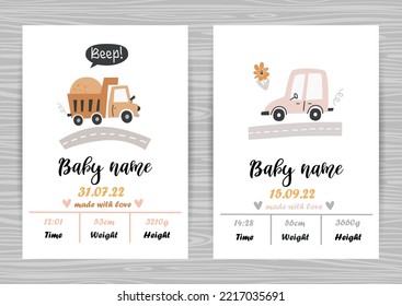 Baby shower invitation templates with cars. Date of birth, height, weight. Perfect for kids bedroom, nursery decoration, posters and wall decorations