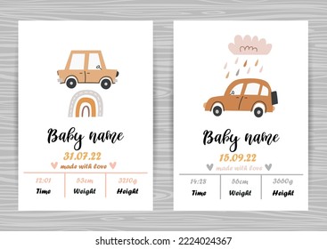 Baby shower invitation templates with cars. Date of birth, height, weight. Perfect for kids bedroom, nursery decoration, posters and wall decorations