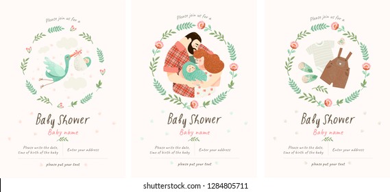 Baby Shower Invitation templates with cute illustration of a happy family with a small baby in a flower frame, vector objects for congratulations on a newborn, stork with a child, baby clothes