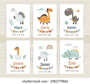 Baby shower invitation templates with cute dinosaurs for girl and boy. Perfect for kids bedroom, nursery decoration, posters and wall decorations