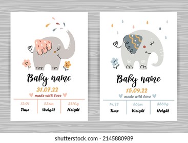 Baby shower invitation templates with cute elephants. Date of birth, height, weight. Perfect for kids bedroom, nursery decoration, posters and wall decorations
