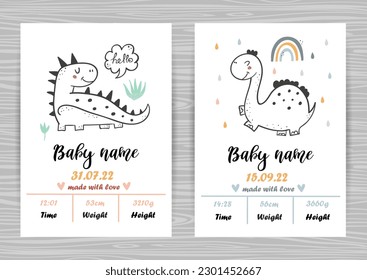 Baby shower invitation templates with cute hand drawn dinosaurs. Date of birth, height, weight. Perfect for kids bedroom, nursery decoration, posters and wall decorations