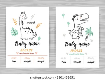 Baby shower invitation templates with cute hand drawn dinosaurs. Date of birth, height, weight. Perfect for kids bedroom, nursery decoration, posters and wall decorations