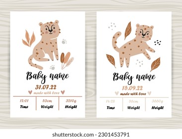 Baby shower invitation templates with cute cheetahes. Date of birth, height, weight. Perfect for kids bedroom, nursery decoration, posters and wall decorations