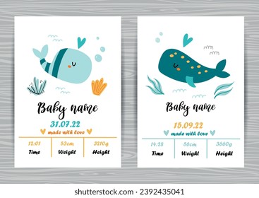 Baby shower invitation templates with cute whales. Date of birth, height, weight. Perfect for kids bedroom, nursery decoration, posters and wall decorations