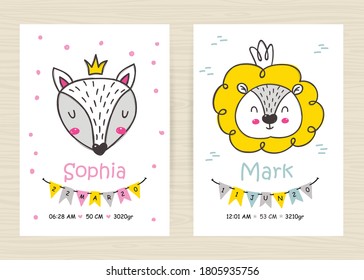 Baby shower invitation templates with lion and fox for girl and boy. Perfect for kids bedroom, nursery decoration, posters and wall decorations