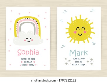 Baby shower invitation templates with rainbow and sun for girl and boy. Perfect for kids bedroom, nursery decoration, posters and wall decorations