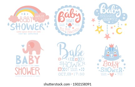 Baby Shower Invitation Templates Set, Cute Design Elements for Boy or Girl Newborn Celebration Party Hand Drawn Vector Illustration