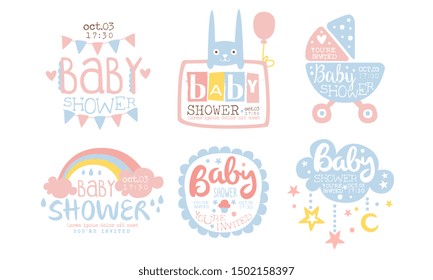 Baby Shower Invitation Templates Set, Cute Design Elements for Boy or Girl Newborn Celebration Party Vector Illustration