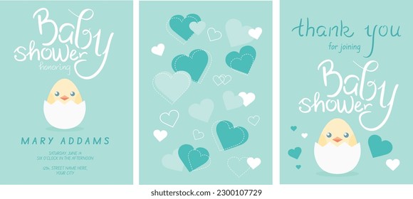 Baby shower invitation templates set. Honoring mommy to be. Invitation and thank you cards with lettering, hearts and a cute little chick in cracked egg. Vector art